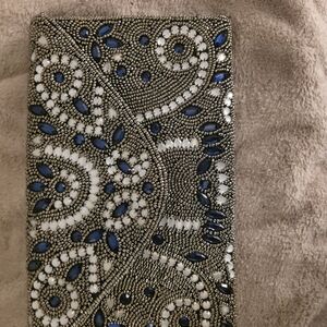 Glint Blue and Silver Beaded Clutch